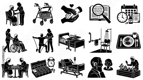 Healthcare and Elderly Care Glyph Icons Set for Senior Living, Nursing, Rehabilitation, and Daily Assistance