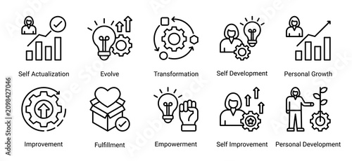 Fotografie Personal Growth icon set featuring transformation,self development and empowerment concepts that support continuous improvement and lifelong success