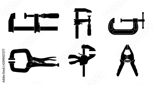 Foto Set of 6 Black Silhouette Clamp Icons, Woodworking Tools, Metal Fasteners, Works
