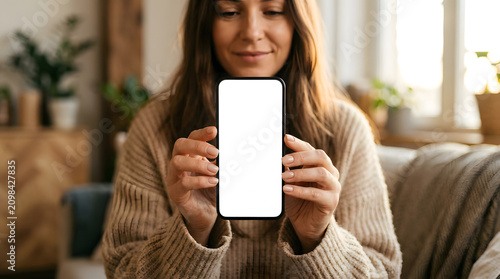 Woman Holding Smartphone with Blank Screen Mockup at Home