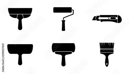 Fotografie Set of 6 Black Construction and Painting Tools, Renovation Icons, Home Improveme