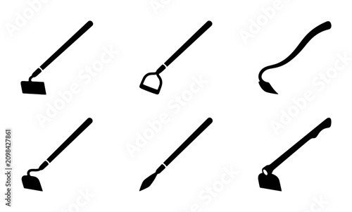 Bild auf Leinwand Garden Hoes, Agricultural Tools, Farming Implements, Six Black Vector Icons Set