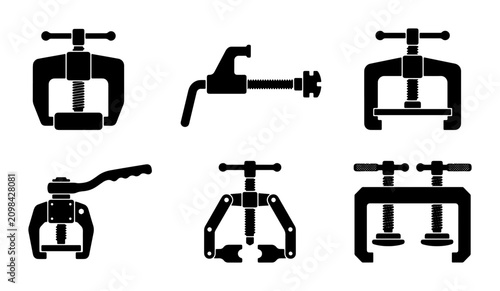 Foto Set of 6 Black Metal Clamps, Vector Icons for Workshop and DIY Projects, Industr