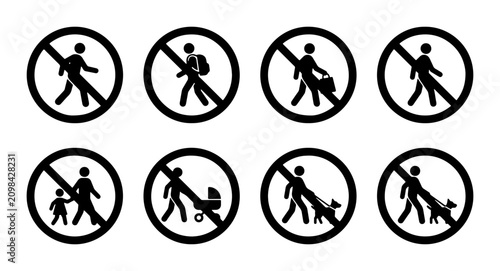 Photos Prohibition Signs Set: No Entry, No Backpacks, No Luggage, No Strollers, No Pets