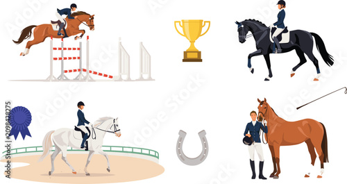 Schilderij op canvas Equestrian Sports and Horse Riding Vector Set Featuring Show Jumping Dressage Tr