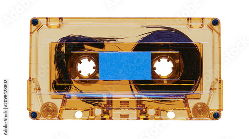 Transparent amber cassette tape with blue label and dark magnetic tape, isolated on transparent background