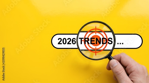 2026 trends search bar concept on yellow background, hand holding magnifying glass with target over future trend forecast, business marketing strategy