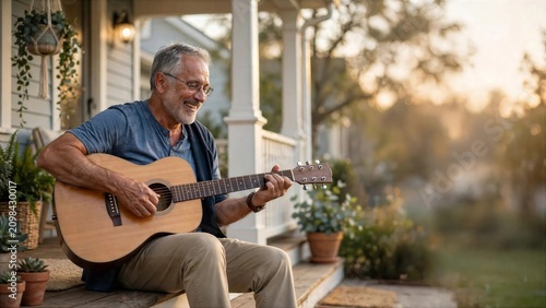 Senior man playing acoustic guitar on porch in warm evening light