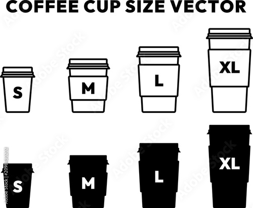 Coffee cup size vector line style and silhouette style. Coffee cup clip art icons.