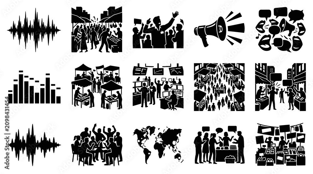 Fototapeta premium Communication, Media Information Technology Black White Glyph Icons Set for News, Public Sound