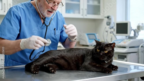 A male veterinarian examine a black cat lying on a metal examination table in a veterinary clinic. Suitable for feline veterinary care, pet health checkups, and animal medical content.