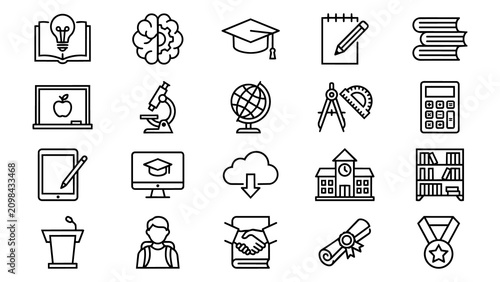 Back-to-school education icons set with learning supplies and study essentials. Flat design vector collection of academic tools, stationery, and cl...