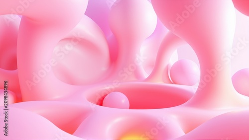 Abstract pink forms create fluid landscape. Soft lighting emphasizes curves, shadows, depth. Minimalist design evokes organic shapes.