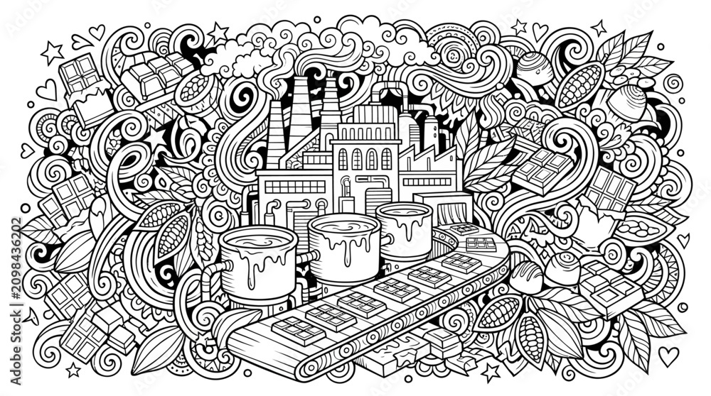 Obraz premium Chocolate Factory Doodle Art: Production Line, Cocoa Beans, and Sweet Treats