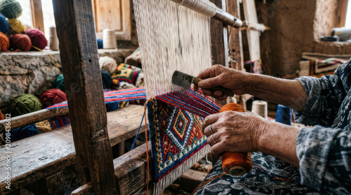 Artisan hands weaving intricate patterns on a traditional loom.
