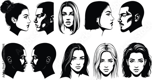 Foto Stylized black and white illustrations of male and female human faces in profile and frontal views, emphasizing diverse expressions, hairstyles, and portrait art design