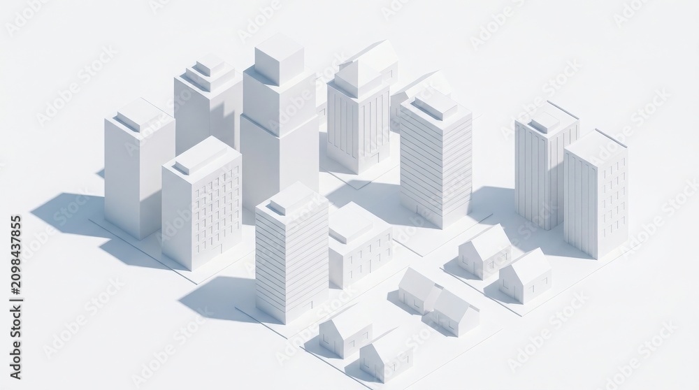 Fototapeta premium Isometric 3D model of a small city with buildings and houses