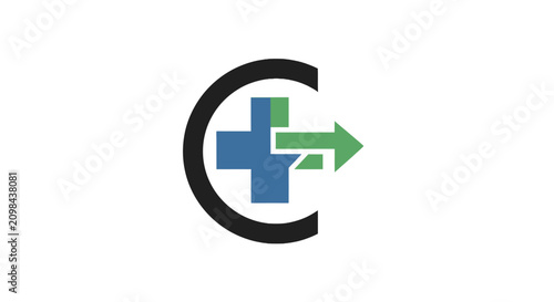 Healthcare technology logo with medical cross and arrow.