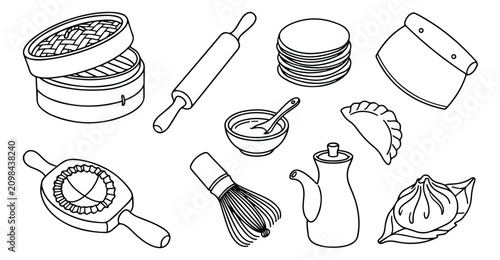 Photos Asian cooking tools vector set, traditional dim sum kitchen utensils, dumpling m