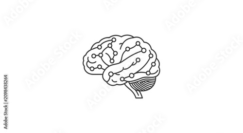 Human brain outline with digital neural network nodes.