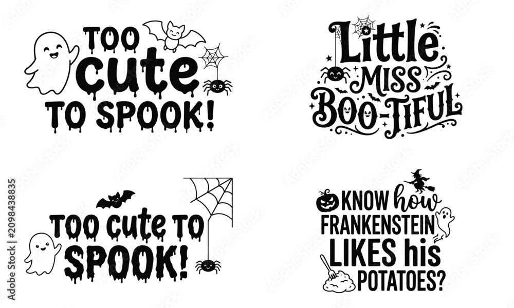Obraz premium Halloween typography collection adorable ghost bat and frankenstein phrases for festive designs