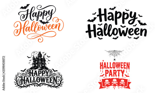 Four halloween typography designs with bats haunted houses and spiderwebs