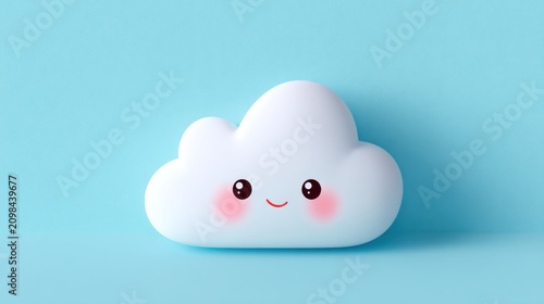 Cute white cartoon cloud with blush-colored cheeks and eyes on light blue background