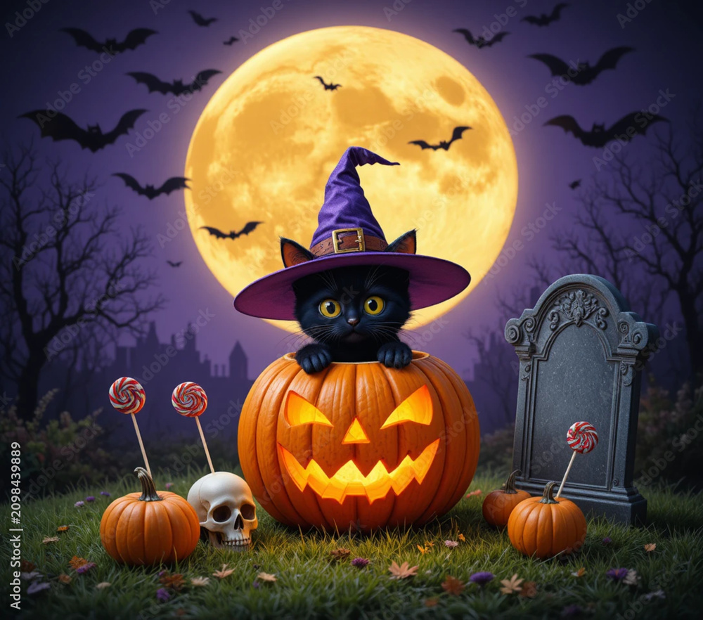 Fototapeta premium Cute black cat in witch hat inside a jackolantern pumpkin for halloween