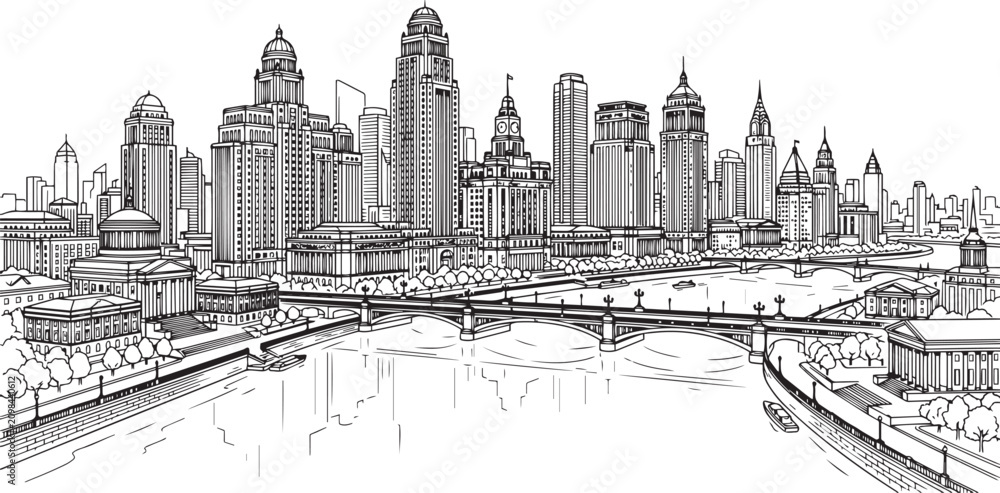 Fototapeta premium City landscape. Line urban backdrop, different buildings on street, doodle street draw, outline cityscape hand sketch, flat houses. Hand drawn vector illustration