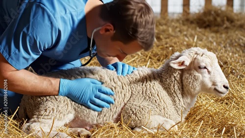 Lamb Examination on Hay. Suitable for farm veterinary care, livestock health, and rural animal treatment content.