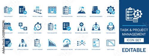 Task and project management solid icon set. Featuring kanban board gantt chart agile workflow timeline productivity tracker and team collaboration dashboard.