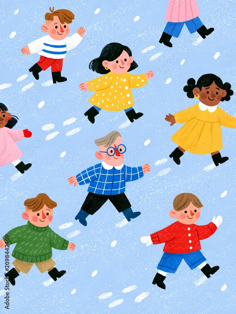 Fototapeta premium Joyful Winter Scene: Group of Children in Snow, Playing and Running