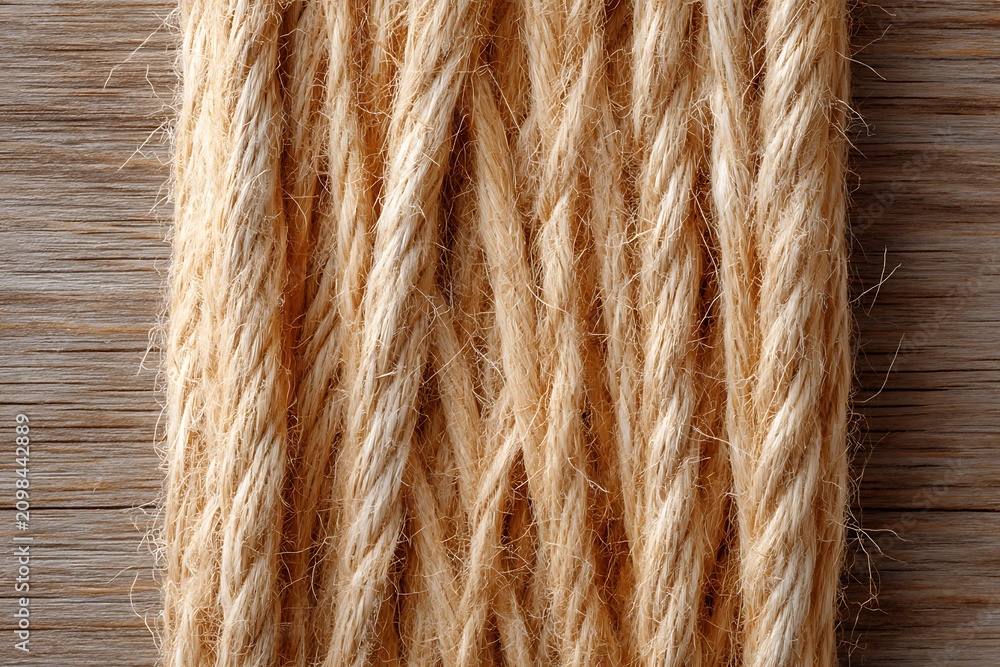 Fototapeta premium Close-up of Blonde Natural Rope Hair Strands with Texture and Detail on Wooden Background