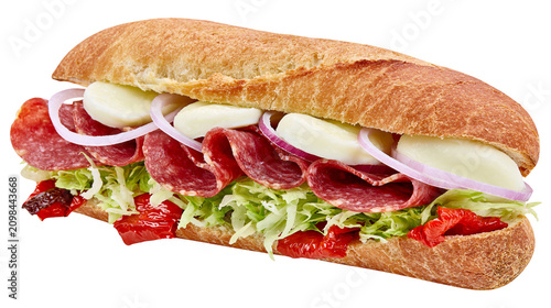Photos Hearty salami and mozzarella sub sandwich with lettuce red onion and roasted pep