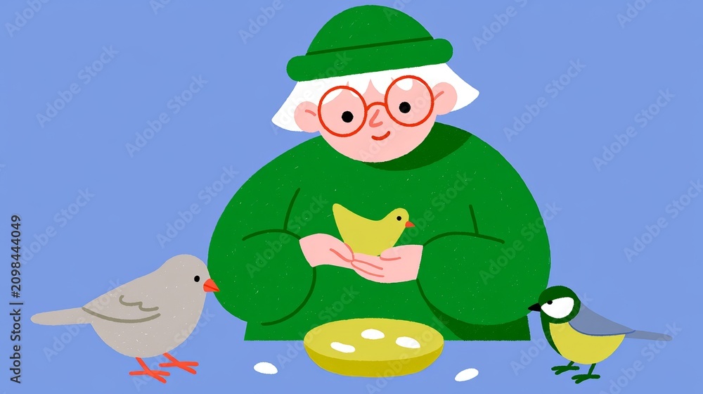 Obraz premium Elderly Woman Feeding Birds Outdoors