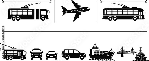 Quadro su tela Silhouettes of transportation modes and infrastructure including trolleybus, air