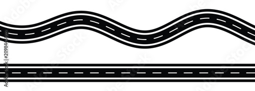 Wavy winding curves roads. horizontal path. Horizontal asphalt road template. Wavy winding curves roads. Traffic curved highway. Flat vector illustration isolated on transparent background.