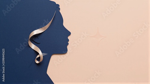 Silhouette woman with ribbon, star glow against soft peach background.