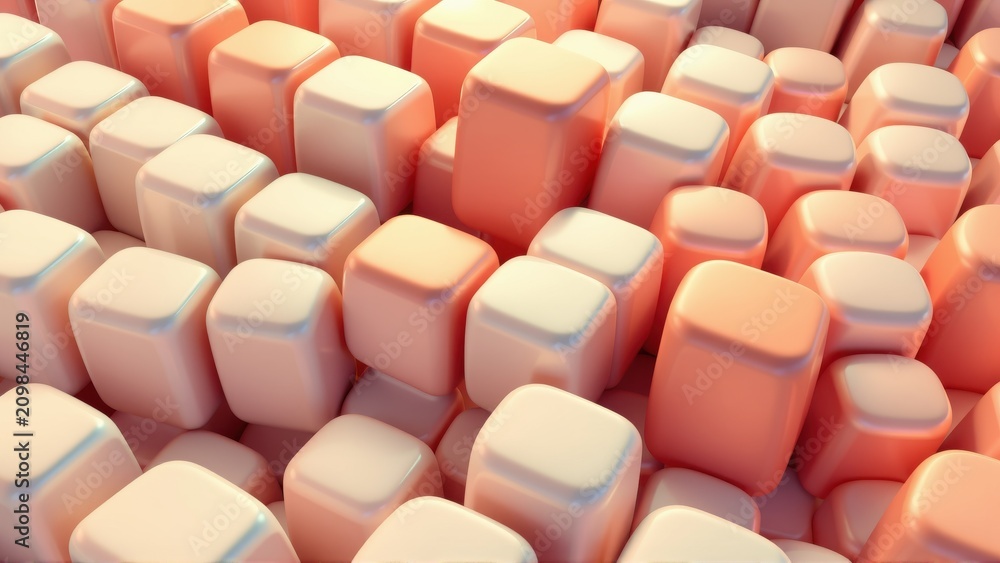Obraz premium Rounded cubes densely packed, soft lighting, peach tones, smooth surfaces. Minimalist composition, abstract texture, digital rendering.