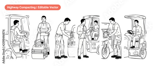 Fotografie Road construction worker vector illustration operating heavy machinery and asphalt road roller compactors on highway job site, line art drawings of industrial builder characters in various poses