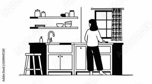 Obraz na płótnie Minimalist Line Art Illustration of a Person in a Kitchen Doing Chores