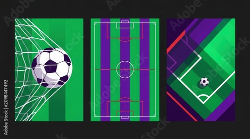 Modern soccer art triptych goal field view and corner kick illustration
