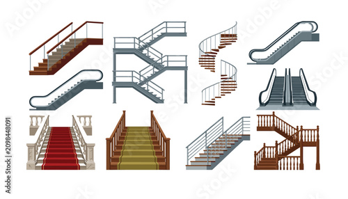 Stairs and escalators vector set featuring modern elevator, classic wooden staircases, spiral steps, metallic industrial fire escapes and red carpet ladders