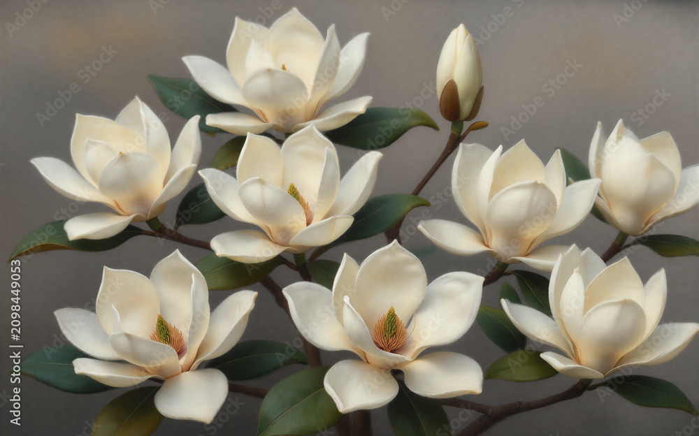 Obraz premium Elegant white magnolias bloom gracefully on dark branches against a soft gray backdrop.