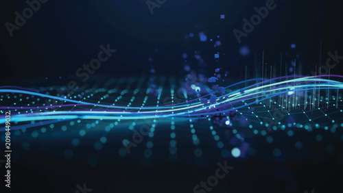 Blue Neon Wave on Dark Grid Background with Glowing Dots
