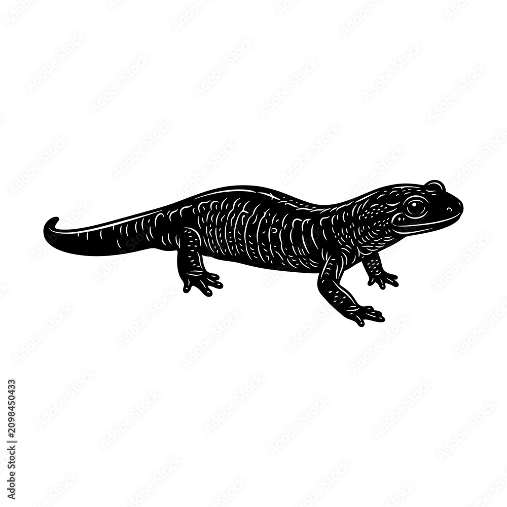 Fototapeta premium Black salamander walking on white background. Dark amphibian reptile isolated illustration for science and nature projects.