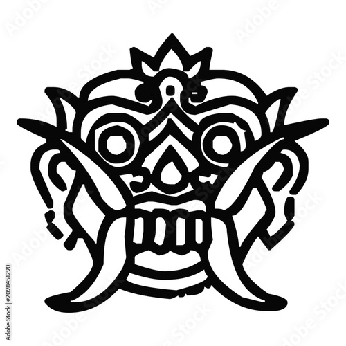 Canvas Print Traditional balinese barong mask illustration featuring thick black bold lines o