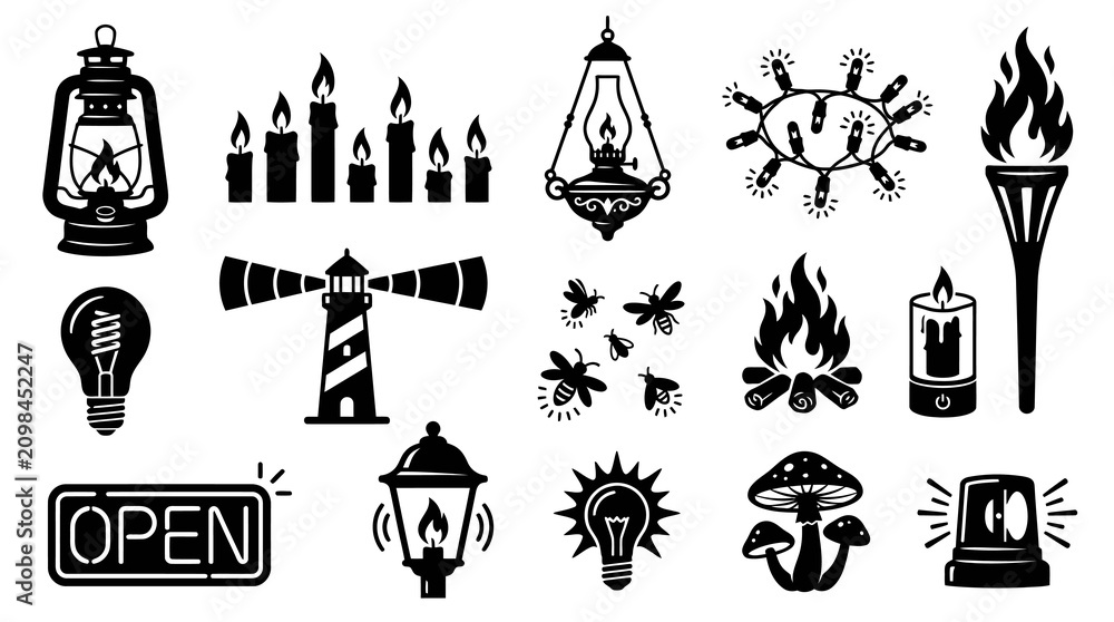 Fototapeta premium Set of Black and White Vector Silhouette Light Sources Icons for Lighting and Illumination.
