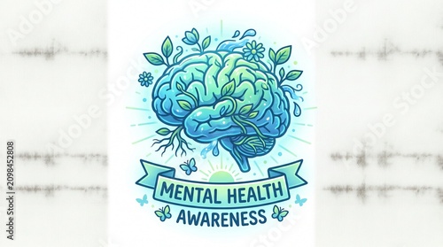 Mental Health Awareness Brain Illustration with Flowers and Butterflies