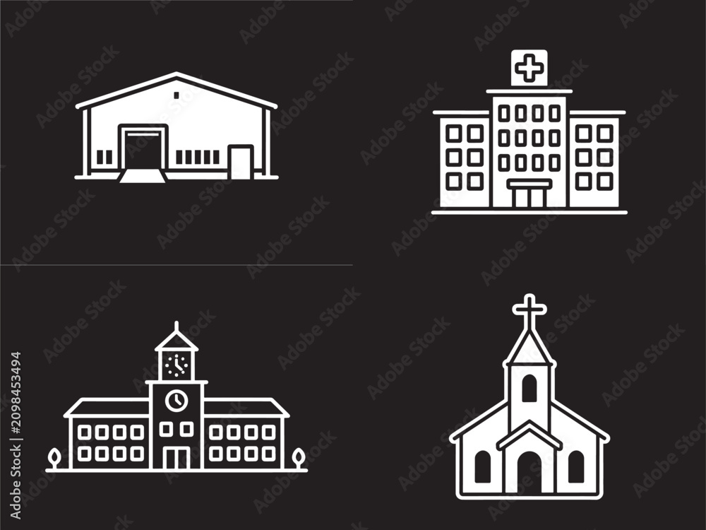 Fototapeta premium Set of four building icons including warehouse hospital school and church in white line art style